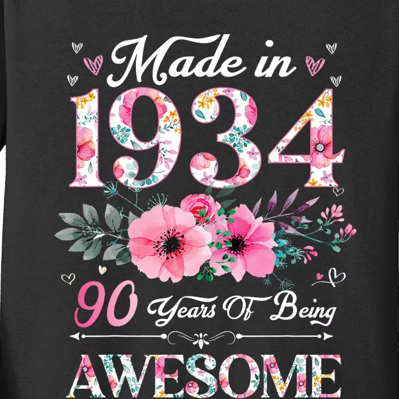 90 Year Old Made In 1934 Floral 90th Birthday Women Kids Long Sleeve Shirt