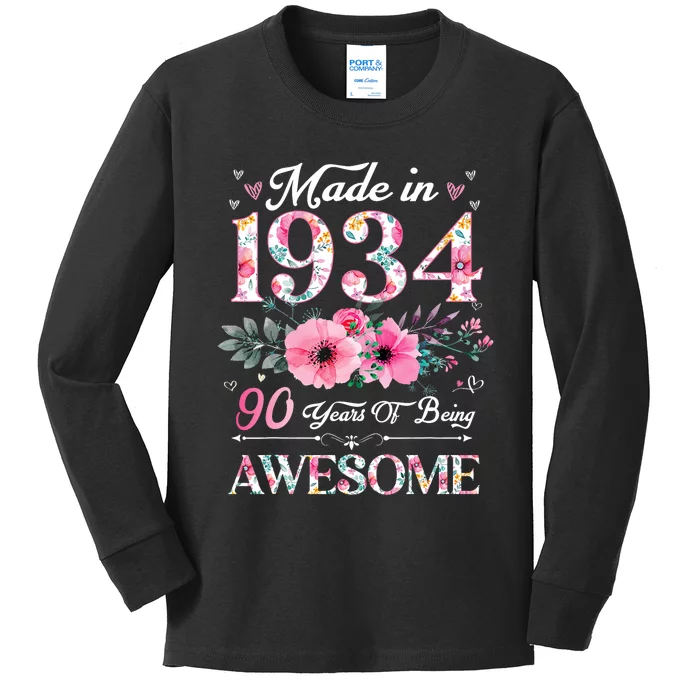 90 Year Old Made In 1934 Floral 90th Birthday Women Kids Long Sleeve Shirt