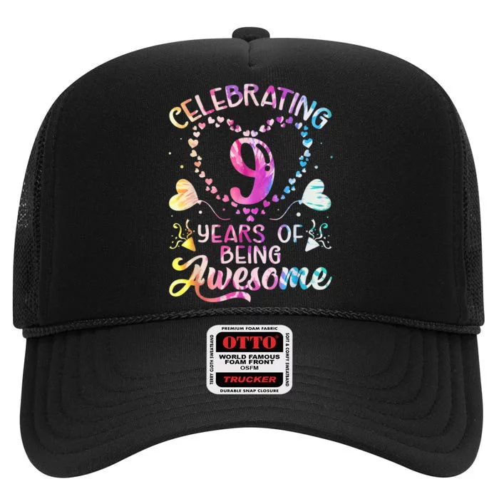 9 Years of Being Awesome 9 Years Old 9th Birthday Tie Dye High Crown Mesh Trucker Hat