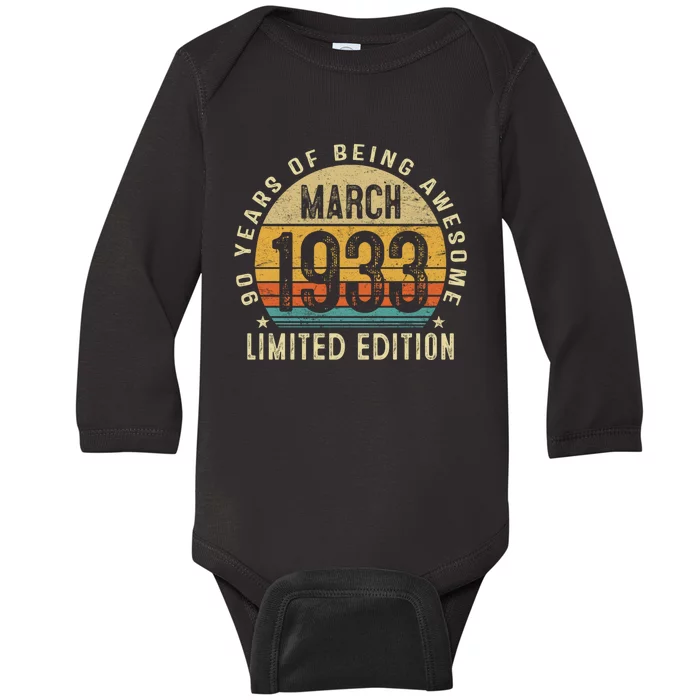 90 Year Old Vintage March 1933 90th Birthday Gift Baby Long Sleeve Bodysuit