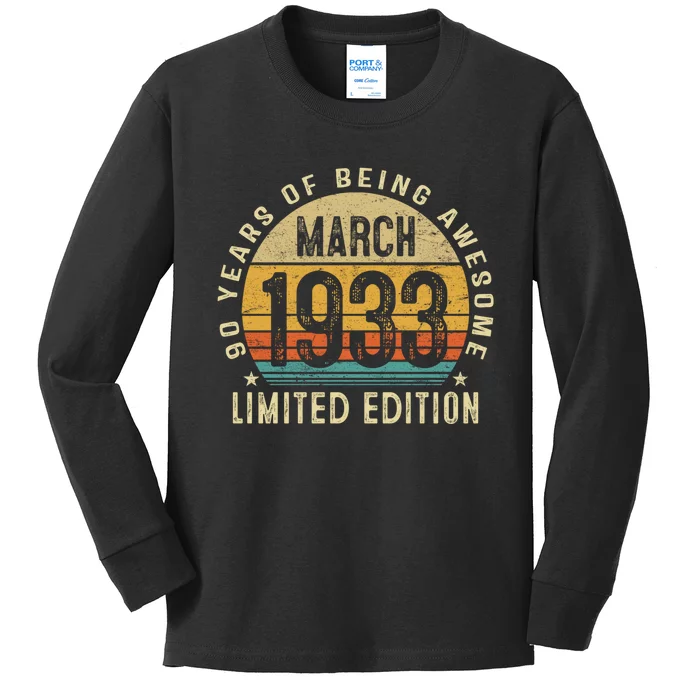 90 Year Old Vintage March 1933 90th Birthday Gift Kids Long Sleeve Shirt