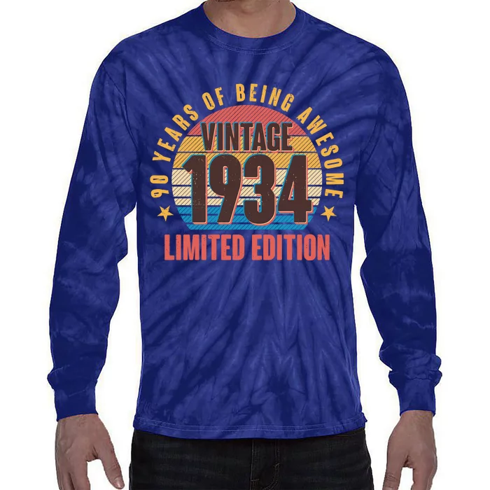 90 Years Of Being Awesome 1934 Limited Edition Vintage Retro Tie-Dye Long Sleeve Shirt