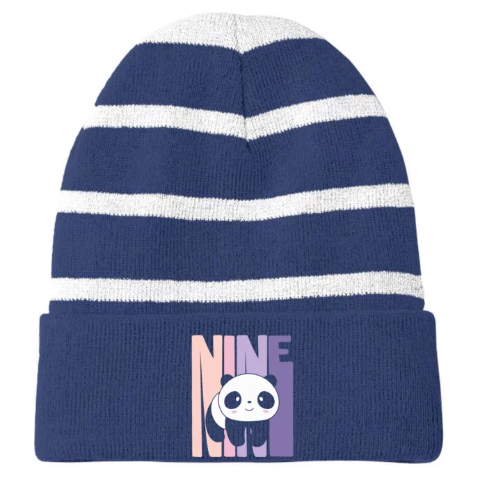 9 Year Old Cute Panda Birthday Girl 9th Bday Striped Beanie with Solid Band