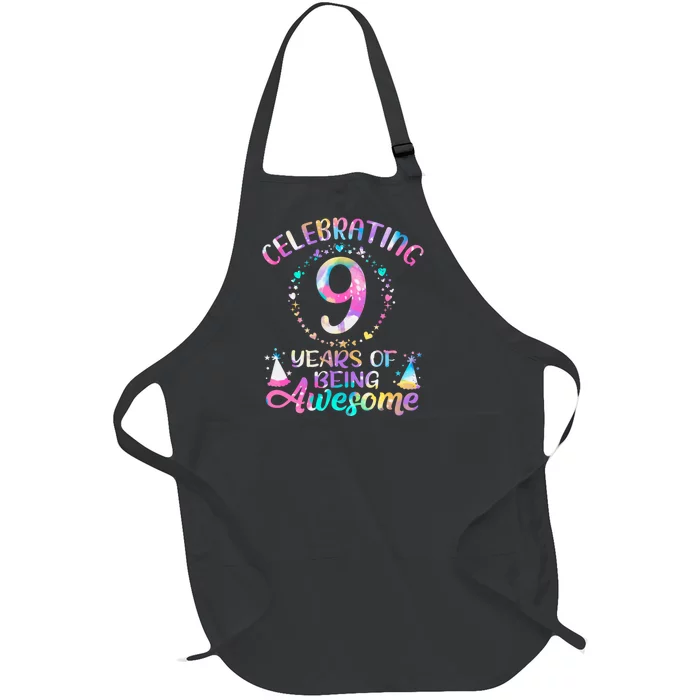 9 Years Of Being Awesome 9 Years Old 9th Birthday Tie Dye Full-Length Apron With Pocket