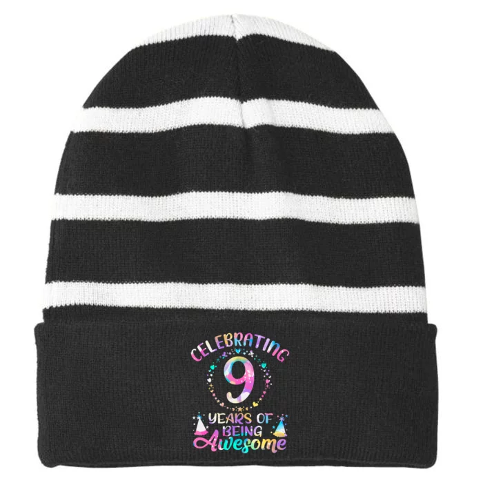 9 Years Of Being Awesome 9 Years Old 9th Birthday Tie Dye Striped Beanie with Solid Band