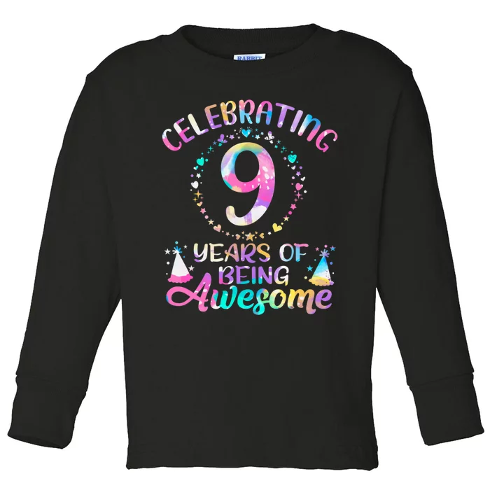 9 Years Of Being Awesome 9 Years Old 9th Birthday Tie Dye Toddler Long Sleeve Shirt