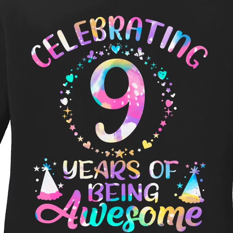 9 Years Of Being Awesome 9 Years Old 9th Birthday Tie Dye Ladies Long Sleeve Shirt