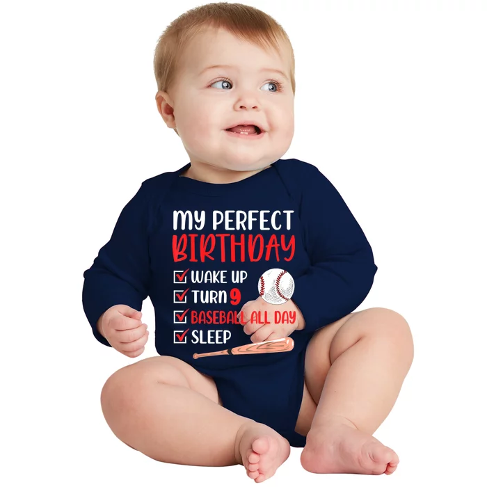 9 Year Old Baseball Birthday Party 9th Boy Nine Player Baby Long Sleeve Bodysuit