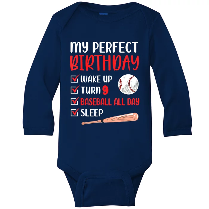 9 Year Old Baseball Birthday Party 9th Boy Nine Player Baby Long Sleeve Bodysuit