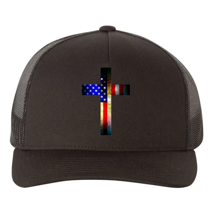 A christian cross comprised of the American Flag Yupoong Adult 5-Panel Trucker Hat