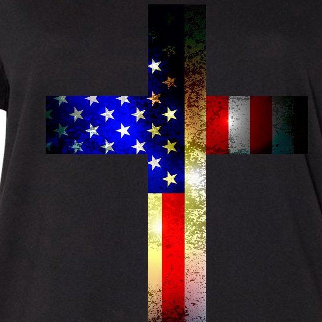 A christian cross comprised of the American Flag Women's V-Neck Plus Size T-Shirt