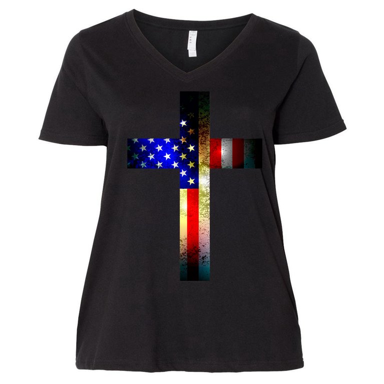 A christian cross comprised of the American Flag Women's V-Neck Plus Size T-Shirt