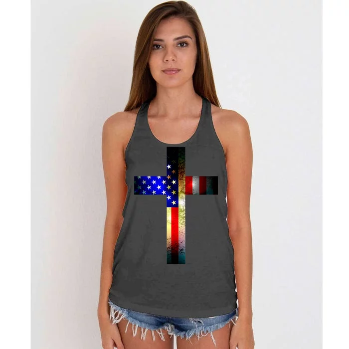 A christian cross comprised of the American Flag Women's Knotted Racerback Tank