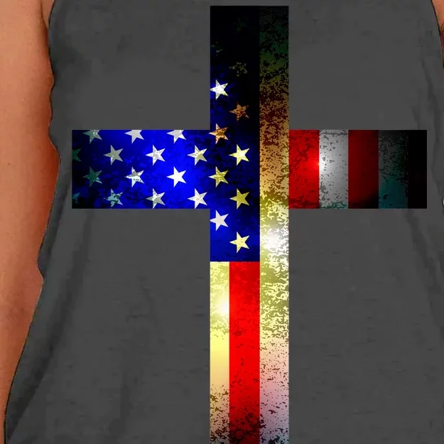 A christian cross comprised of the American Flag Women's Knotted Racerback Tank