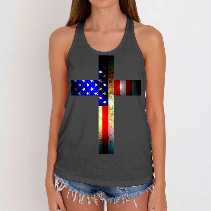 A christian cross comprised of the American Flag Women's Knotted Racerback Tank