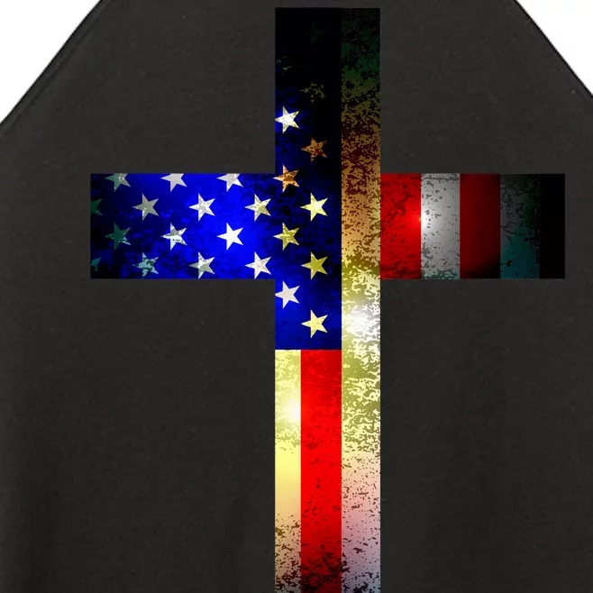 A christian cross comprised of the American Flag Women’s Perfect Tri Rocker Tank