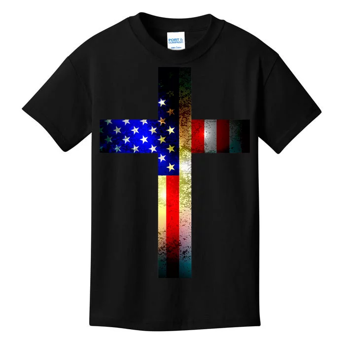 A christian cross comprised of the American Flag Kids T-Shirt