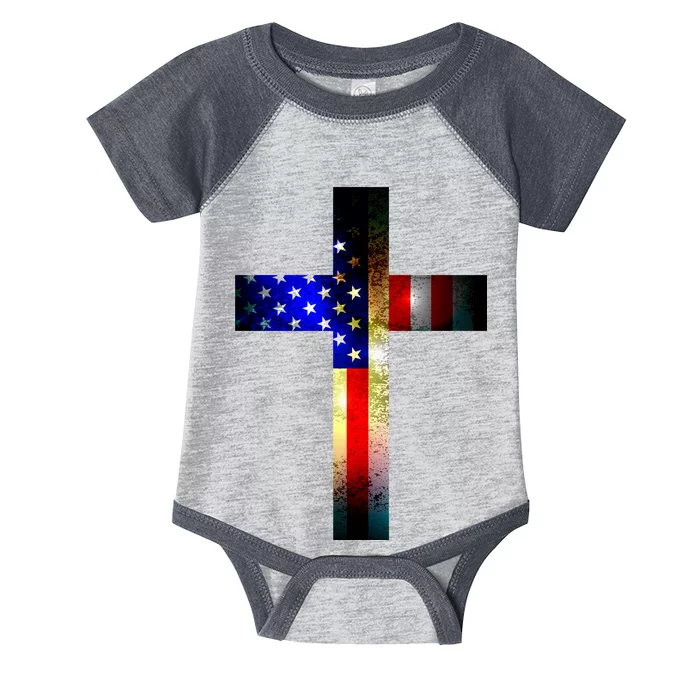 A christian cross comprised of the American Flag Infant Baby Jersey Bodysuit