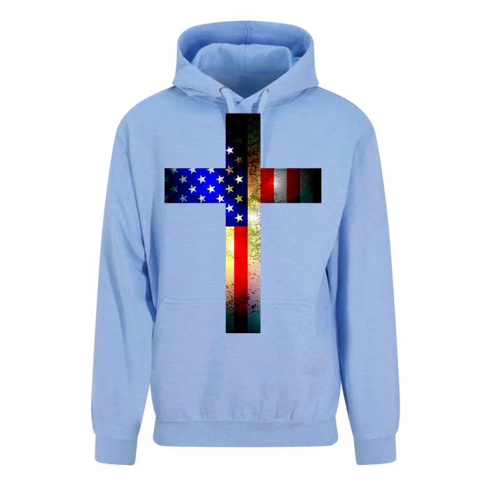 A christian cross comprised of the American Flag Unisex Surf Hoodie