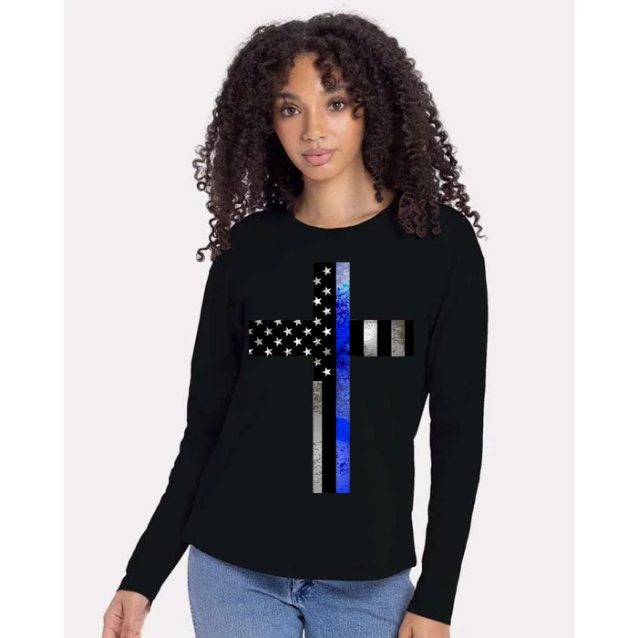 A Christian cross showing support for law enforcement - Thin Blue Line Womens Cotton Relaxed Long Sleeve T-Shirt