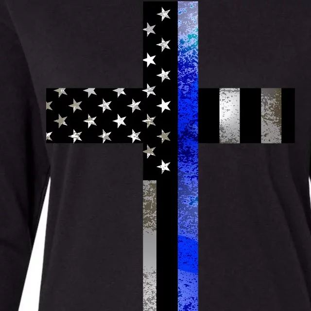 A Christian cross showing support for law enforcement - Thin Blue Line Womens Cotton Relaxed Long Sleeve T-Shirt