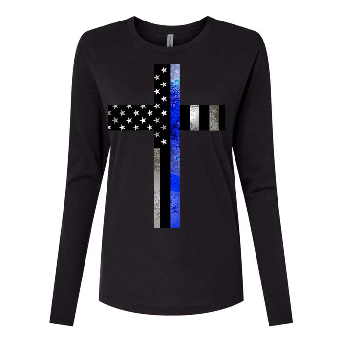 A Christian cross showing support for law enforcement - Thin Blue Line Womens Cotton Relaxed Long Sleeve T-Shirt