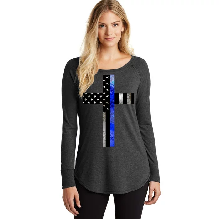 A Christian cross showing support for law enforcement - Thin Blue Line Women's Perfect Tri Tunic Long Sleeve Shirt