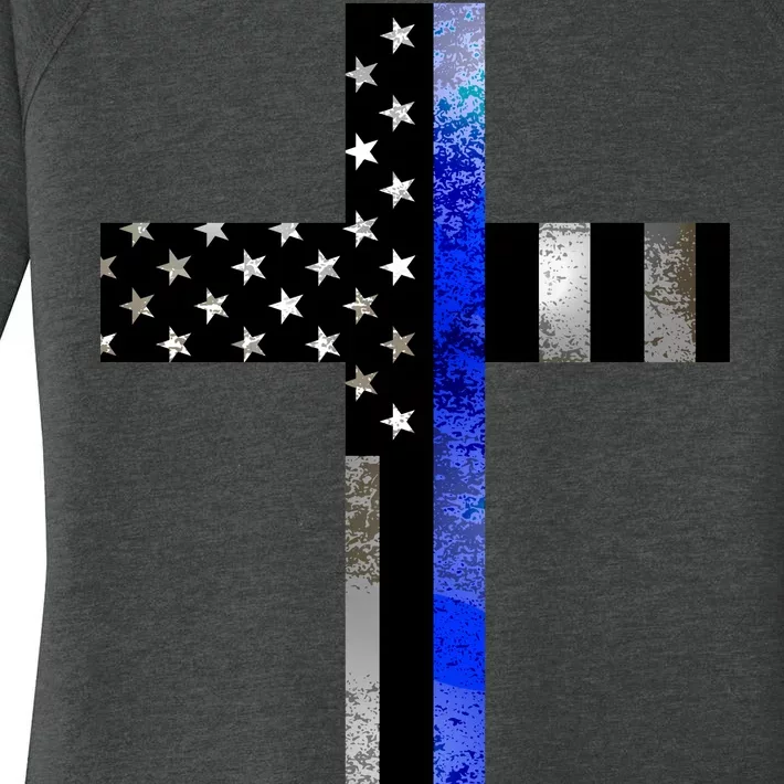 A Christian cross showing support for law enforcement - Thin Blue Line Women's Perfect Tri Tunic Long Sleeve Shirt