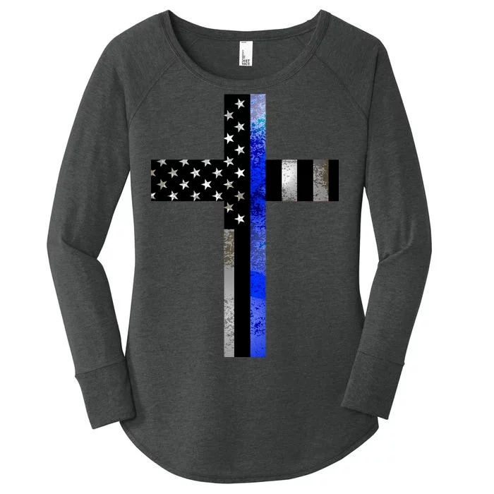 A Christian cross showing support for law enforcement - Thin Blue Line Women's Perfect Tri Tunic Long Sleeve Shirt