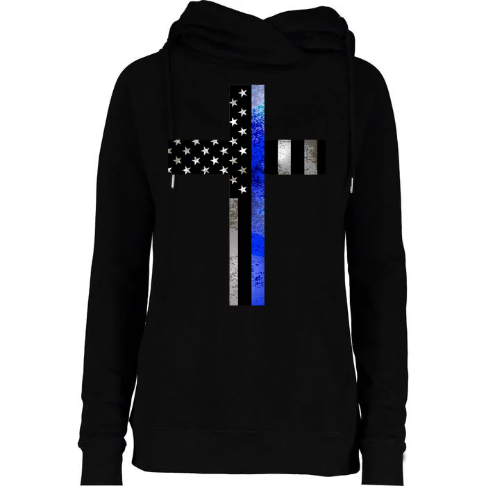 A Christian cross showing support for law enforcement - Thin Blue Line Womens Funnel Neck Pullover Hood