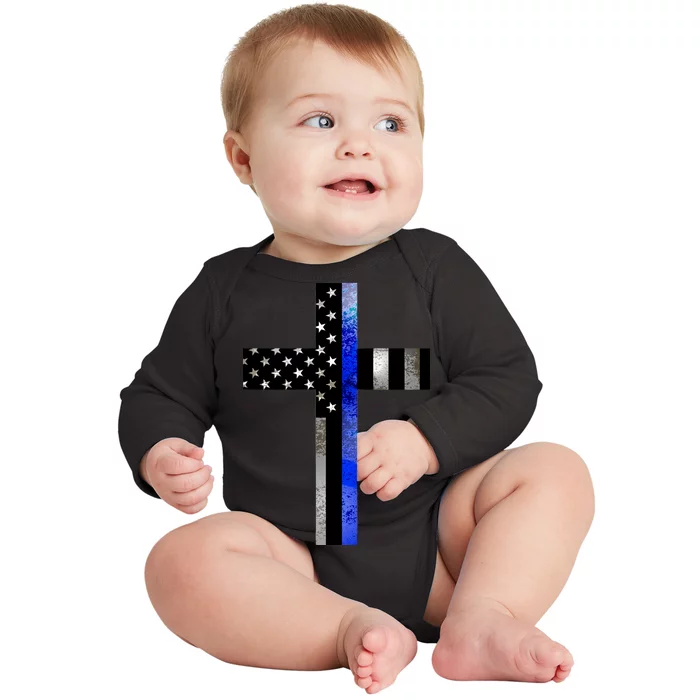 A Christian cross showing support for law enforcement - Thin Blue Line Baby Long Sleeve Bodysuit