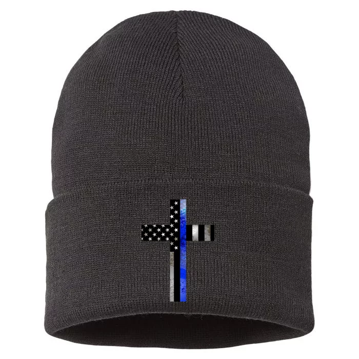 A Christian cross showing support for law enforcement - Thin Blue Line Sustainable Knit Beanie