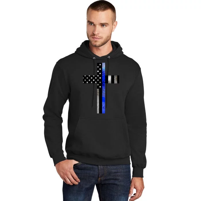 A Christian cross showing support for law enforcement - Thin Blue Line Tall Hoodie