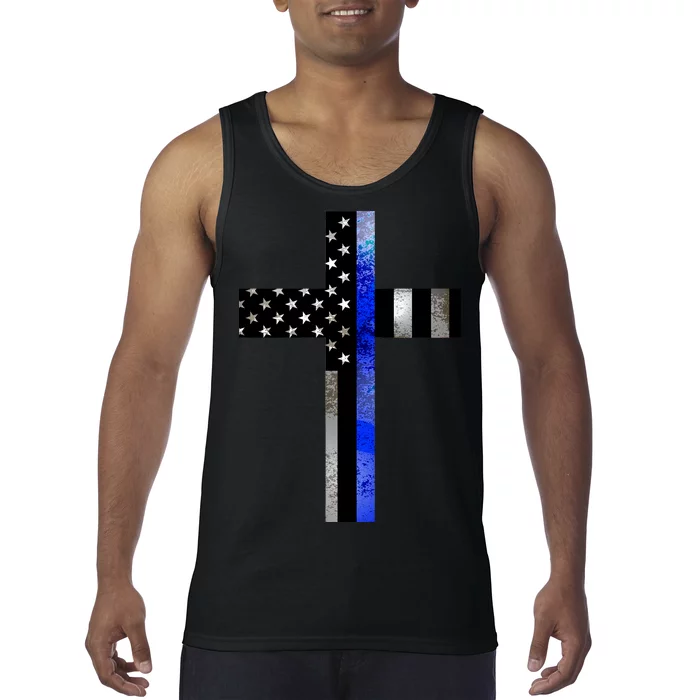 A Christian cross showing support for law enforcement - Thin Blue Line Tank Top