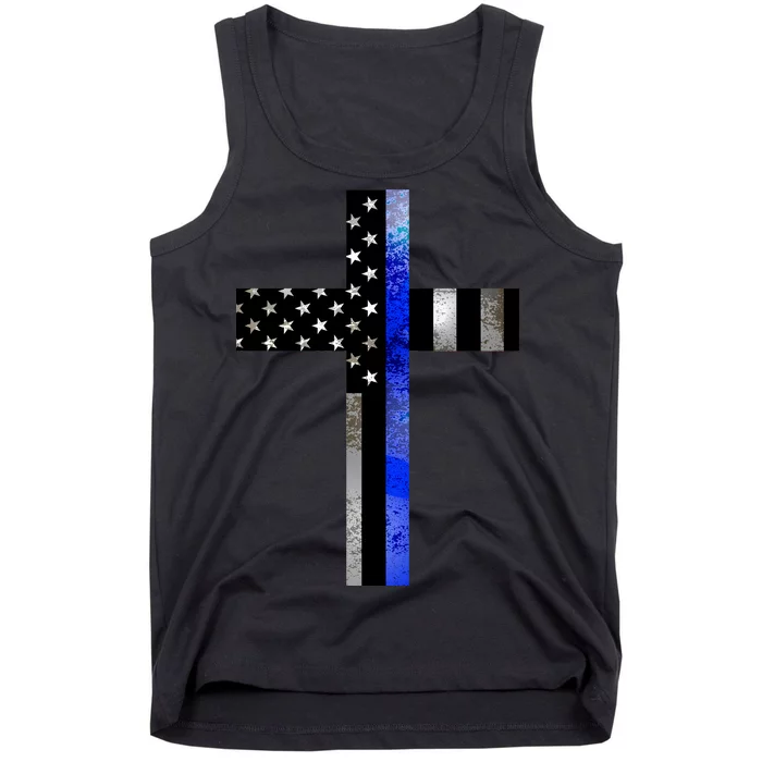 A Christian cross showing support for law enforcement - Thin Blue Line Tank Top