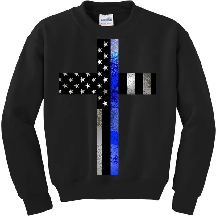 A Christian cross showing support for law enforcement - Thin Blue Line Kids Sweatshirt