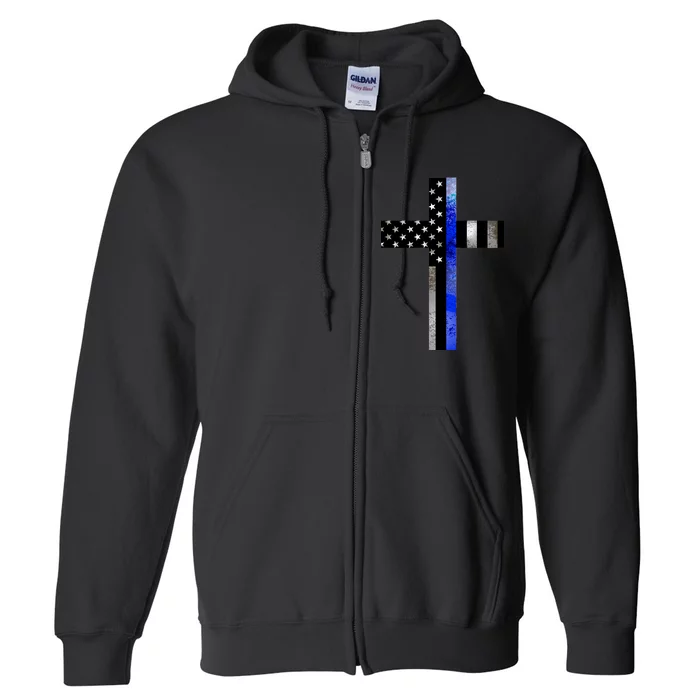 A Christian cross showing support for law enforcement - Thin Blue Line Full Zip Hoodie