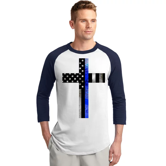 A Christian cross showing support for law enforcement - Thin Blue Line Baseball Sleeve Shirt