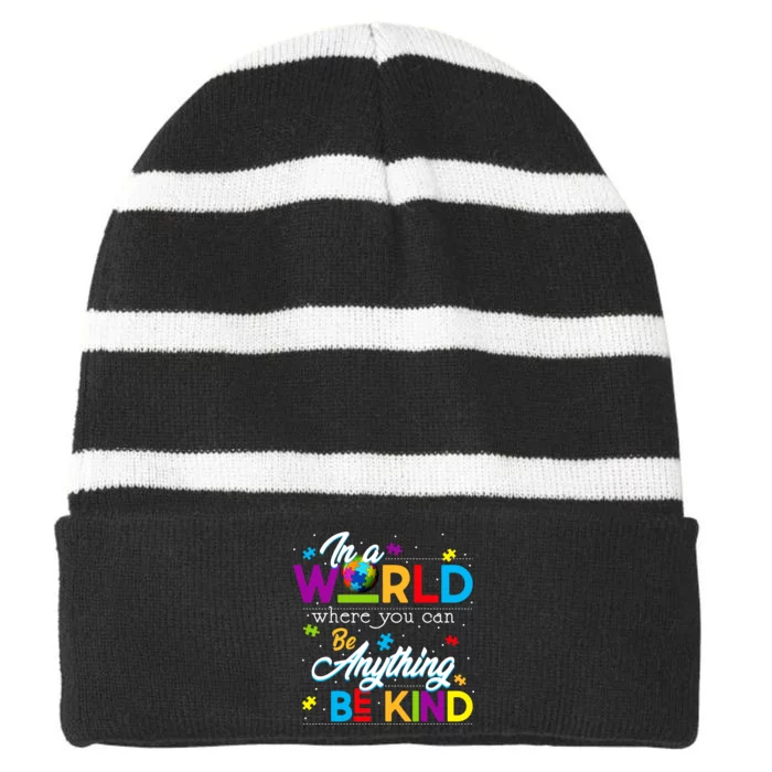 A World With Kindness Autism Awareness Striped Beanie with Solid Band