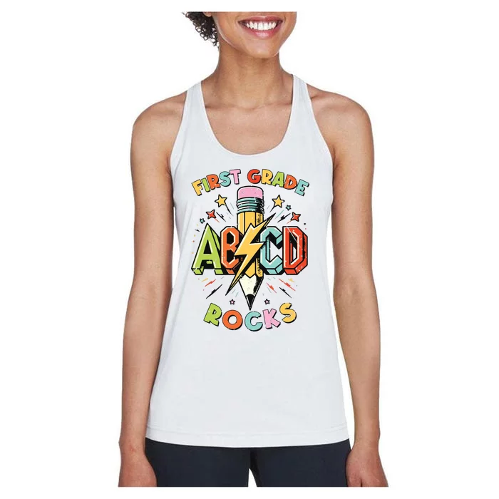 Abcd 1st Grade Rocks Pencil Lightning Teachers Rock Boy Women's Racerback Tank