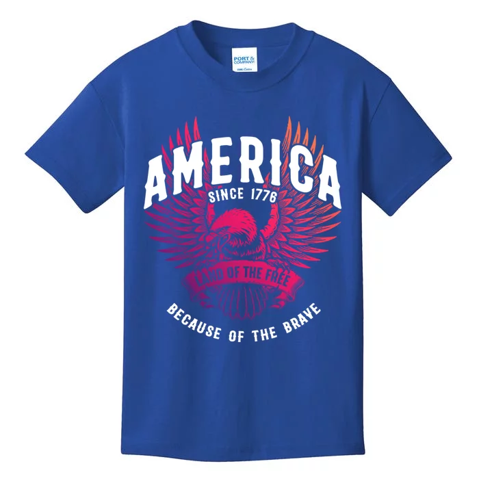 America 1776 Land Of Free Because Of The Brave Usa Eagle Meaningful Gift Kids T-Shirt