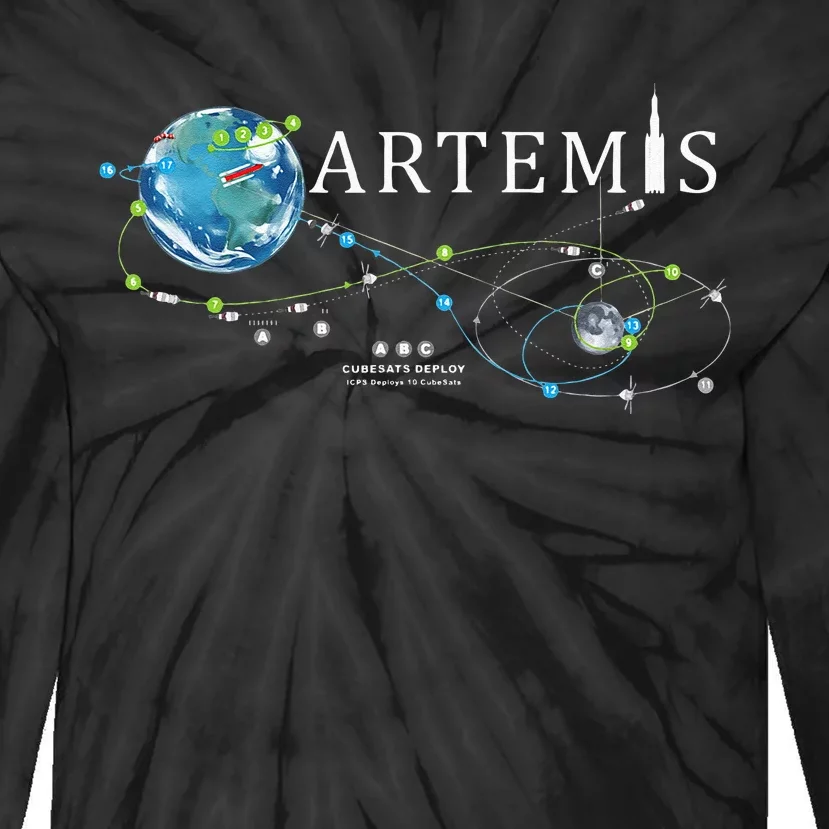 Artemis 1 Route Map SLS Rocket Launch Mission To The Moon Tie-Dye Long Sleeve Shirt