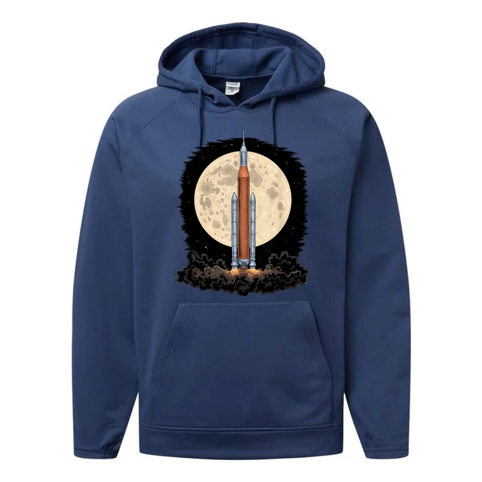 Artemis 1 SLS Rocket Launch Mission To The Moon And Beyond Performance Fleece Hoodie