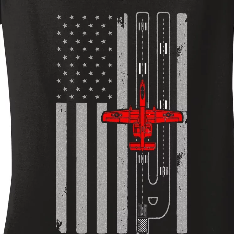 A 10 Warthog Airplane American Flag Runway A10 Thunderbird Women's V-Neck T-Shirt