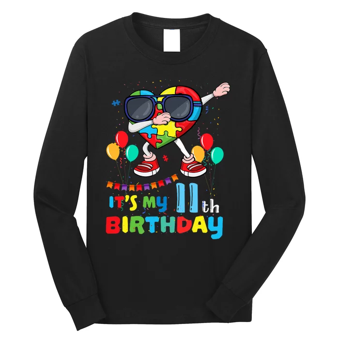 Age 11 Year Old Birth Dabbing Heart Puzzle Autism Awareness Long Sleeve Shirt