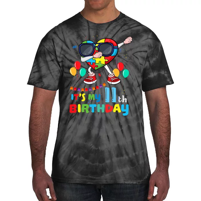 Age 11 Year Old Birth Dabbing Heart Puzzle Autism Awareness Tie-Dye T-Shirt