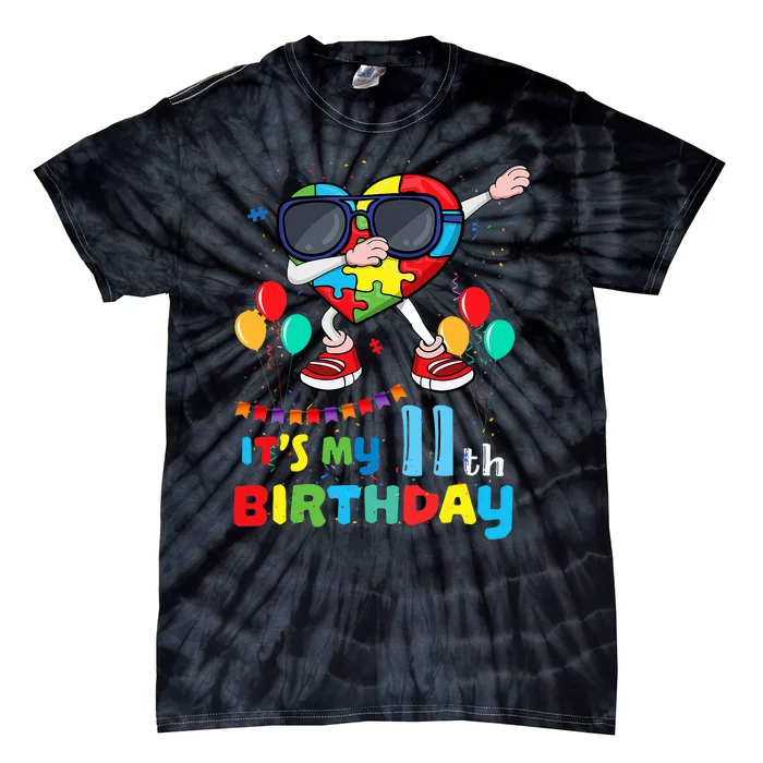 Age 11 Year Old Birth Dabbing Heart Puzzle Autism Awareness Tie-Dye T-Shirt