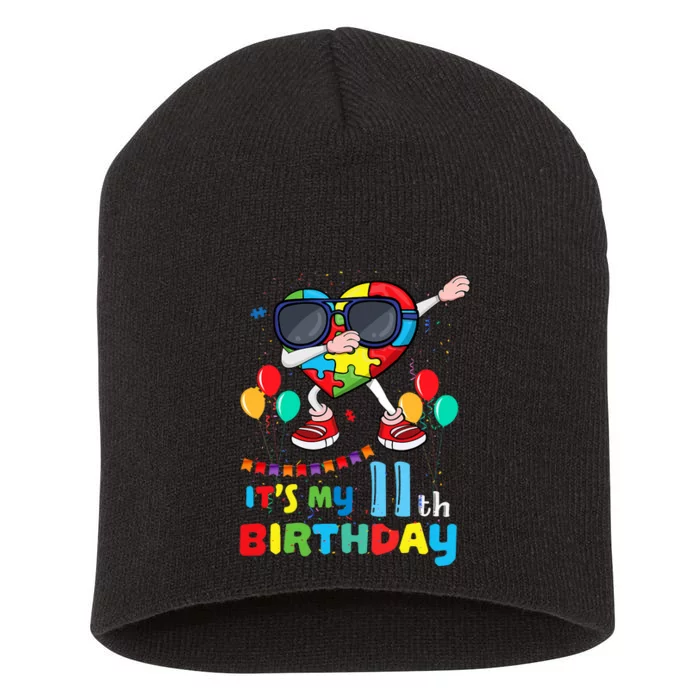 Age 11 Year Old Birth Dabbing Heart Puzzle Autism Awareness Short Acrylic Beanie