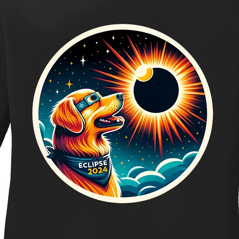 April 2024 Solar Eclipse Dog Wearing Solar Eclipse Glasses Ladies Long Sleeve Shirt