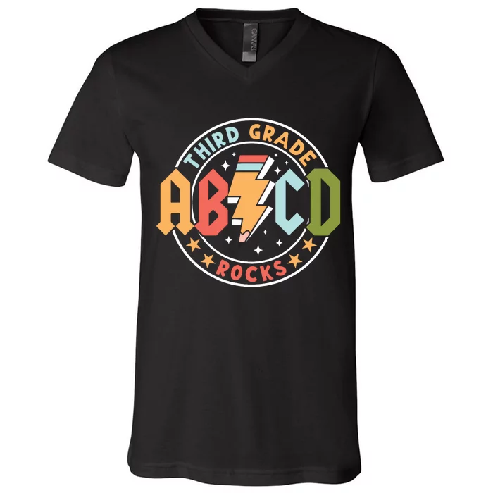 Abcd 3rd Grade Rocks Pencil Lightning Teachers Rock V-Neck T-Shirt